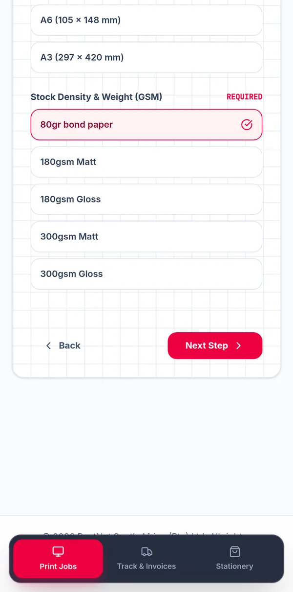 PNX print job builder, paper size and stock step on iPhone