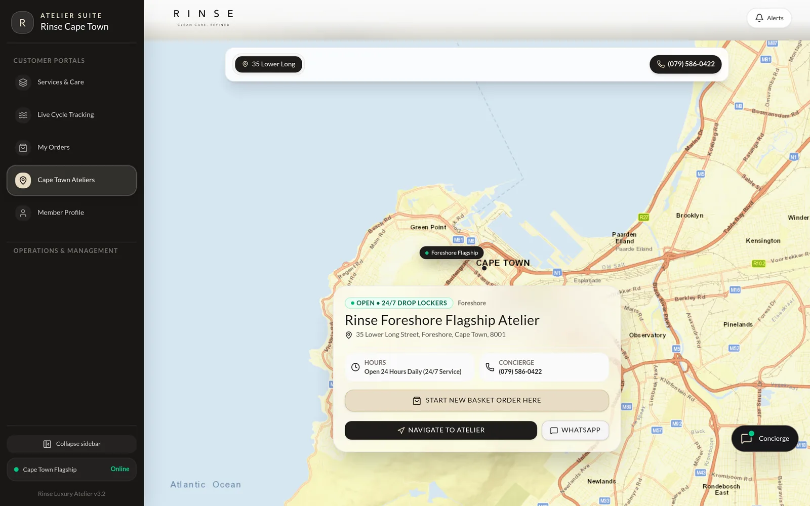 Rinse ateliers page with the Cape Town map